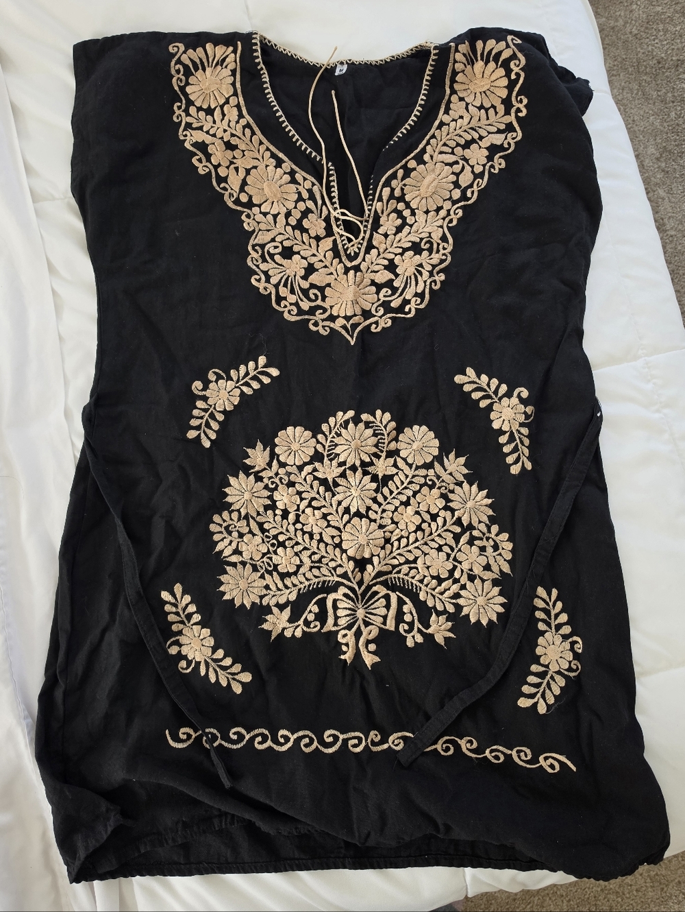 Black Midi Dress with Gold Floral Embroidery